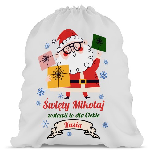 Worek na prezenty mały Mikołaj w okularach