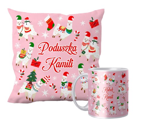 Zestaw poduszka + kubek święta Lama + Imię