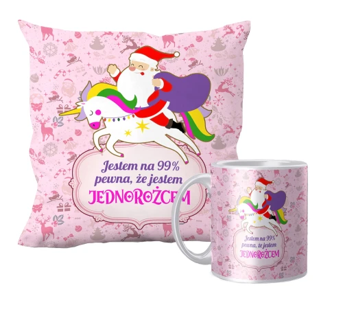 Zestaw poduszka + kubek święta Jednorożec + Imię