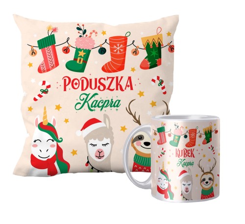 Zestaw poduszka + kubek święta Trio + Imię