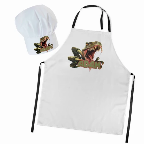 Czapka kucharska + personalizowany fartuszek zestaw Tyranozaur