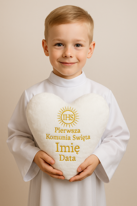 Poduszka pluszowa SERCE białe z haftem Gołębica