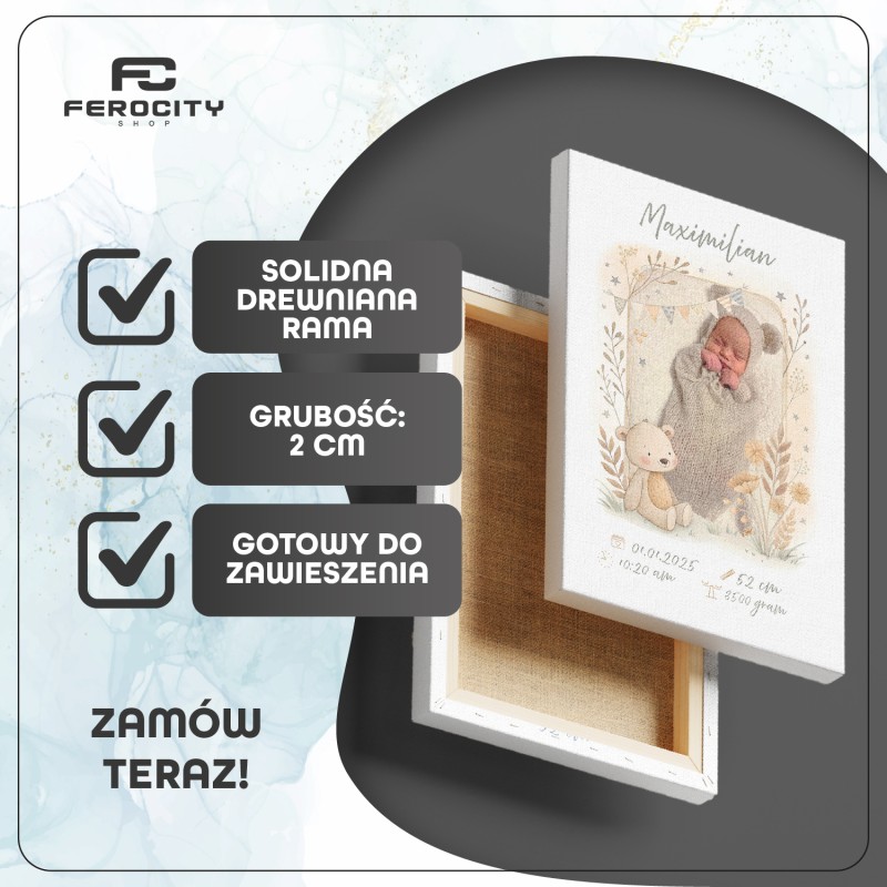 Metryczka ze zdjęciem dziecka – fotoobraz na płótnie Boho tęcza