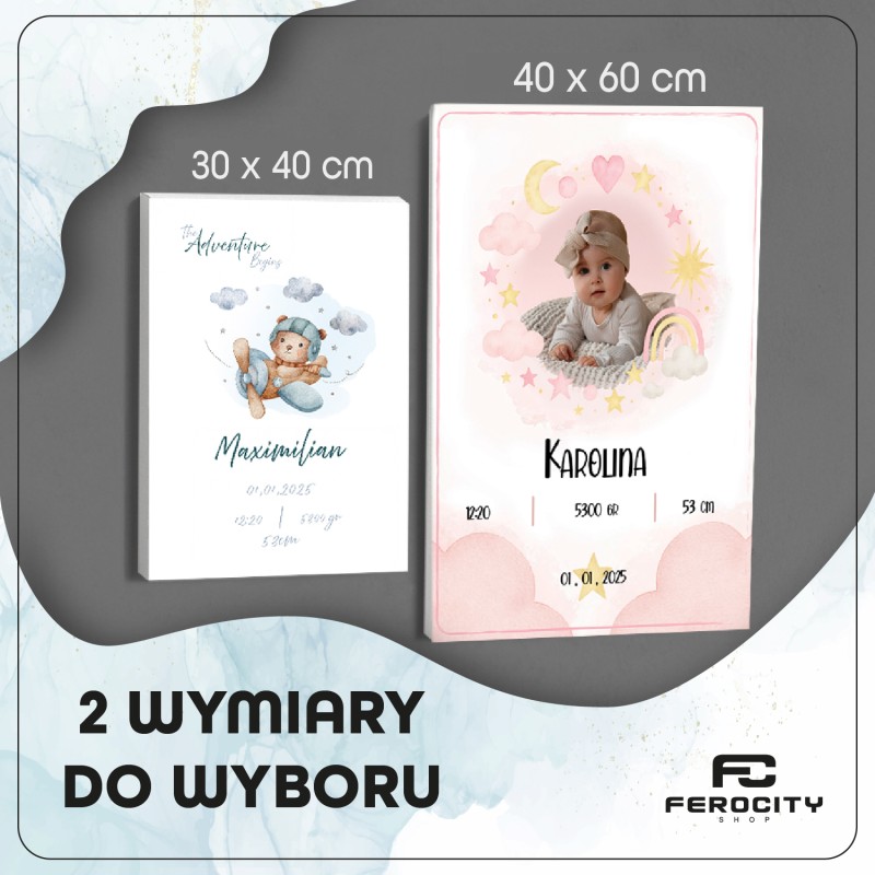 Metryczka ze zdjęciem dziecka – fotoobraz na płótnie Boho tęcza