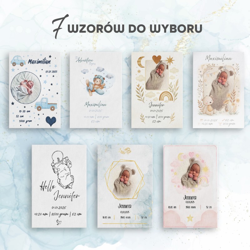 Metryczka ze zdjęciem dziecka – fotoobraz na płótnie Miś
