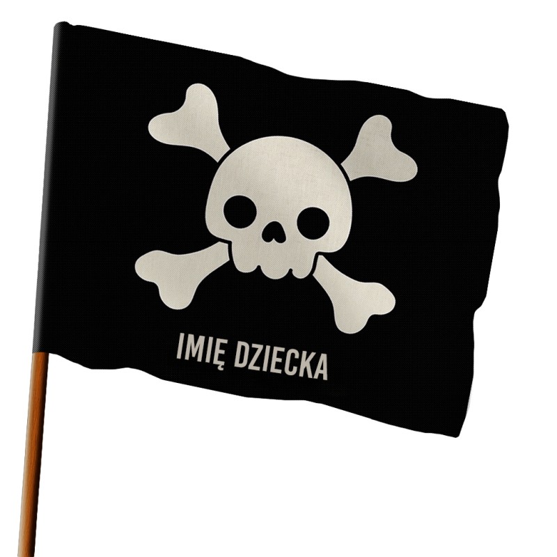 Czarna flaga piracka z czaszką i skrzyżowanymi kośćmi, z miejscem na imię dziecka