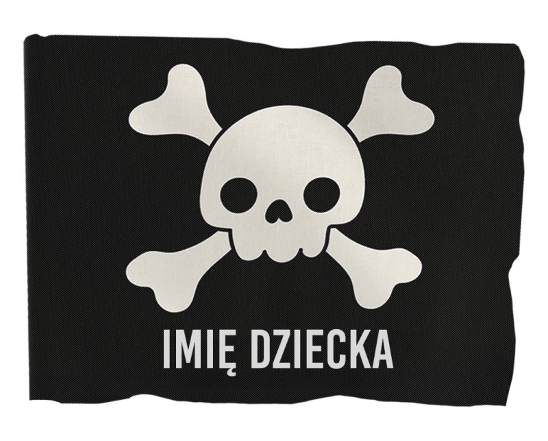 Czarna flaga piracka z czaszką i skrzyżowanymi kośćmi, z miejscem na imię dziecka