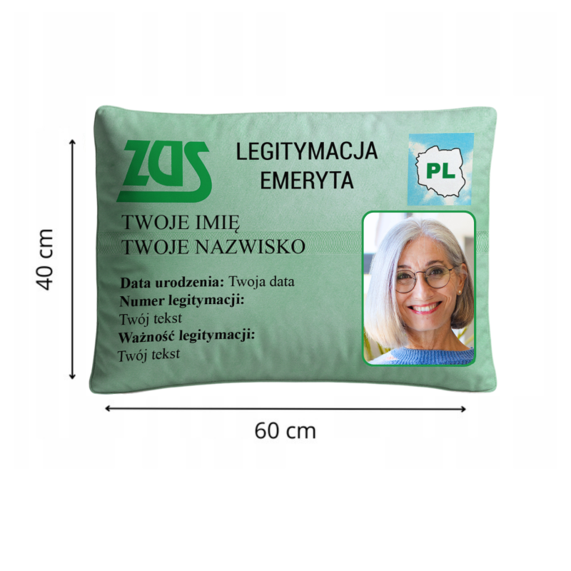Poduszka Karta Emeryta ZUS 60x40 cm ze zdjęciem na Emeryturę