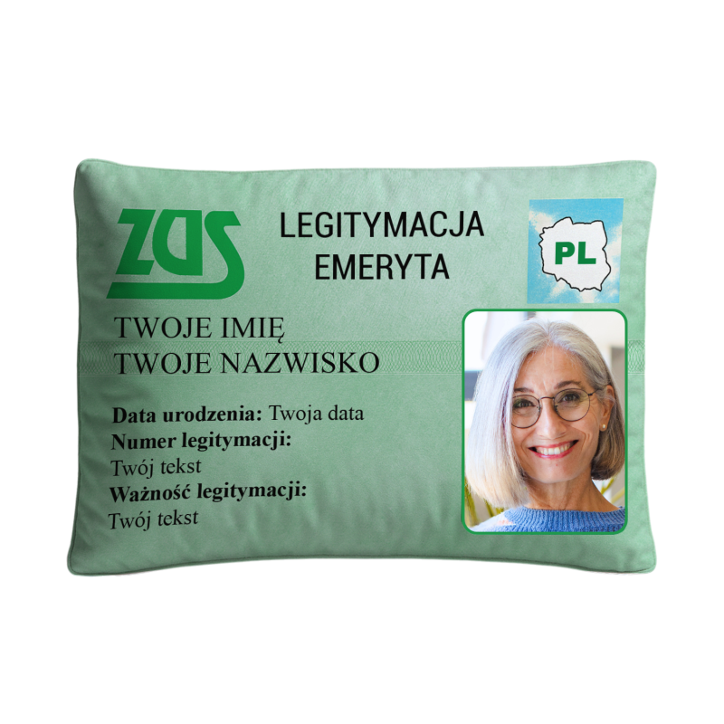 Poduszka Karta Emeryta ZUS 60x40 cm ze zdjęciem na Emeryturę