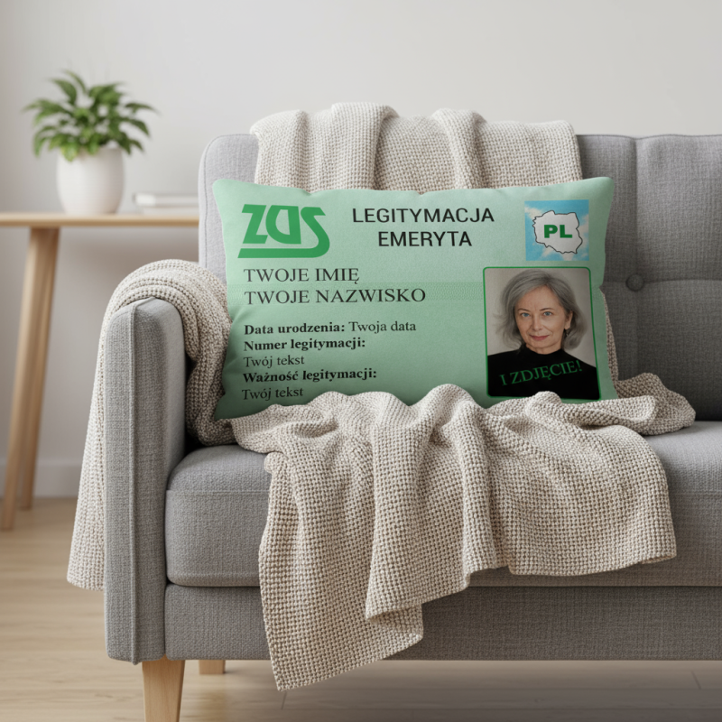 Poduszka Karta Emeryta ZUS 60x40 cm ze zdjęciem na Emeryturę