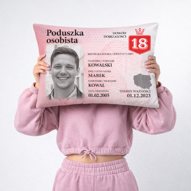 Poduszka Dowód Osobisty 60x40 cm z Twoim zdjęciem Prezent na 18 Urodziny