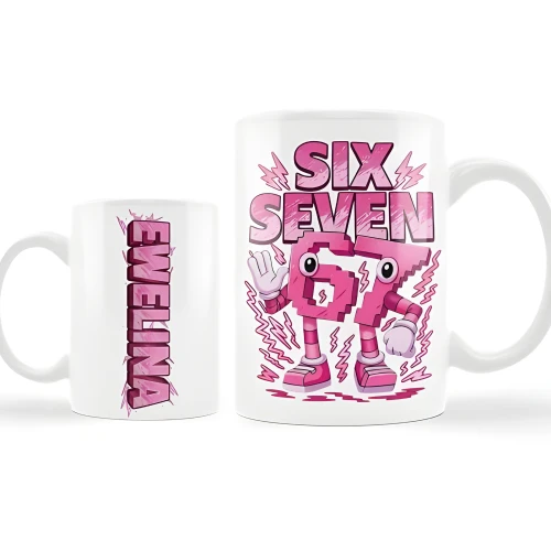Kubek różowy napis SIX SEVEN 67 + imię