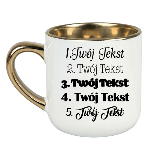 Kubek elegant biały ze złotym rantem i uchwytem Twój tekst