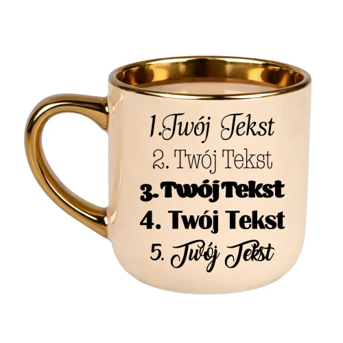 Kubek elegant beżowy ze złotym rantem i uchwytem Twój tekst