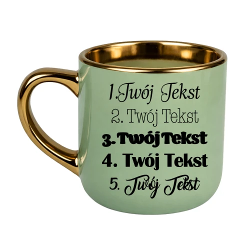 Kubek elegant zielony ze złotym rantem i uchwytem Twój tekst