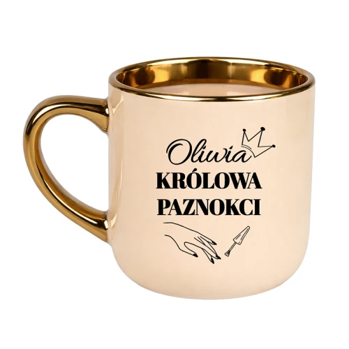 Kubek elegant beżowy ze złotym Królowa paznokci + Imię