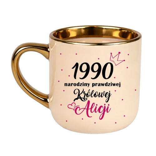 Kubek elegant beżowy ze złotym Urodziny Królowej + Imię