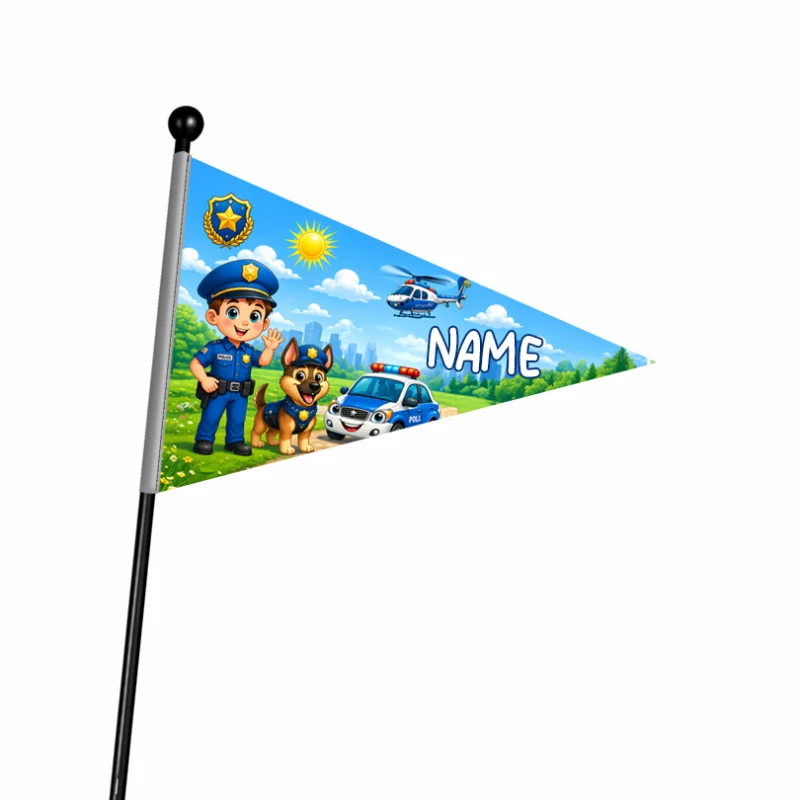 Flaga na rower chorągiewka z pieskiem i policjantem z personalizowanym napisem jakościowa