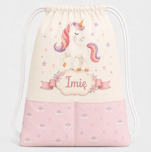 Worek z kieszeniami z imieniem do przedszkola szkoły Unicorn